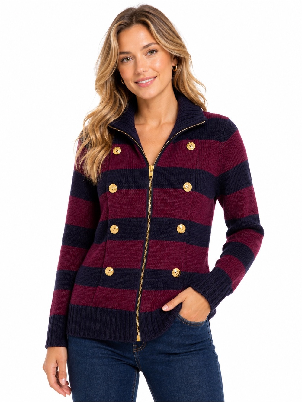 525 America Size Medium Striped Burgundy and Navy Zip Sweater Gold Anchor Button